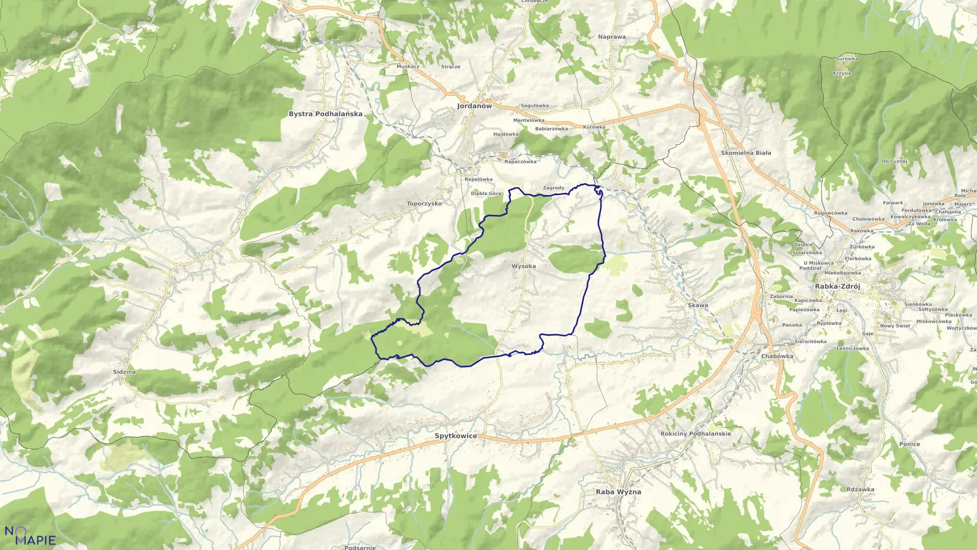 Mapa obrębu Wysoka w gminie Jordanów